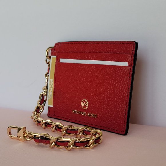 MICHAEL KORS Jet Set Small ID Pebbled Leather Chain Card Holder Case-Crimson $69 - Picture 5 of 16